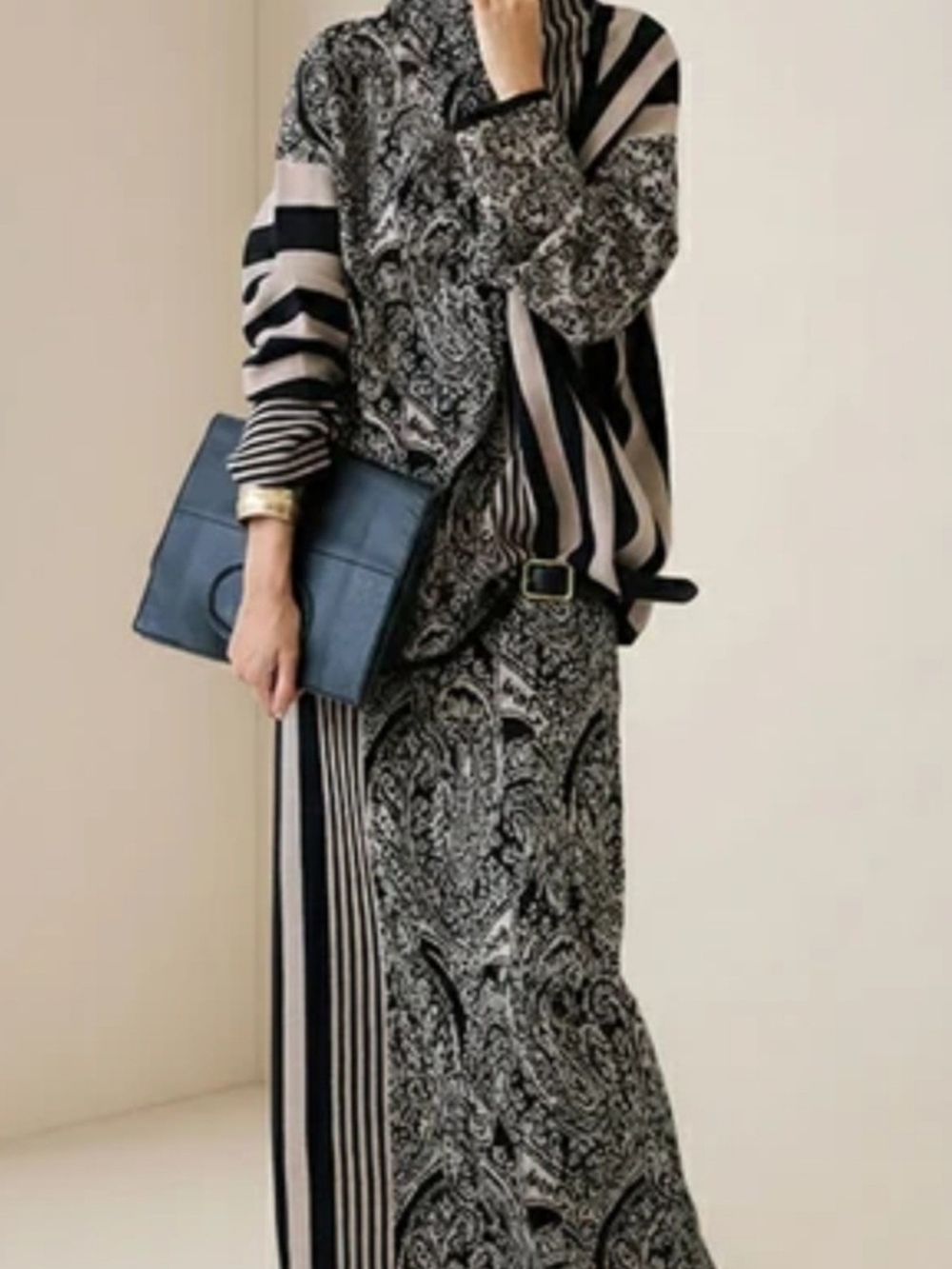 NWT💋UOOZEE Black/Cream 2 PIECE Long Sleeve Paisley OVERSIZE TOP/MAXI SKIRT Sz M